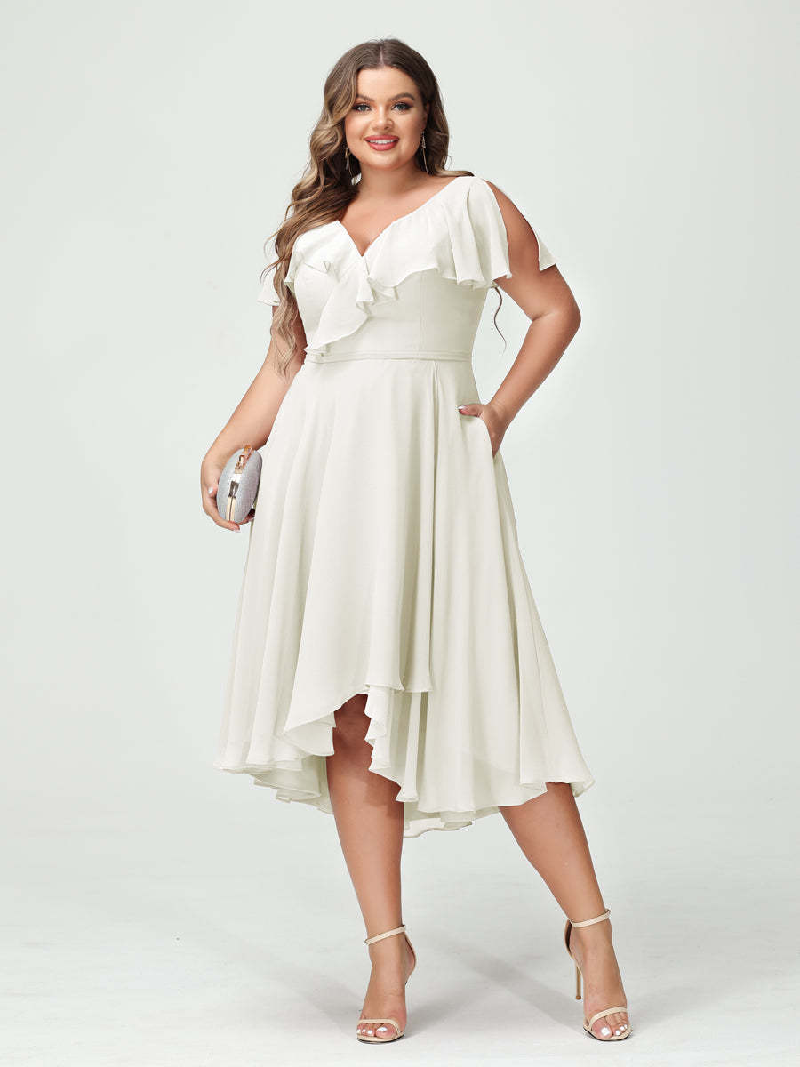 Plus Size Chiffon Bridesmaid Dress with V-Neck, Short Sleeves, and High-Low A-Line/Princess Silhouette featuring Pockets & Ruffles-BMbridal.UK