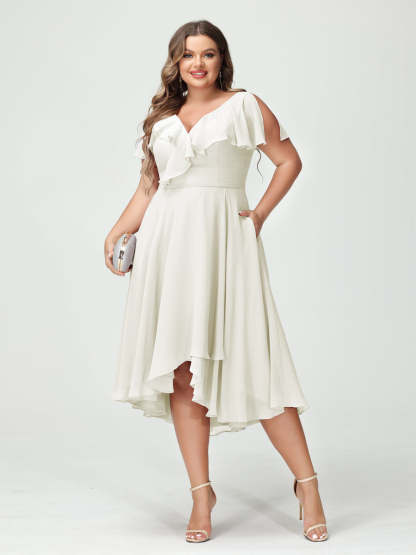 Plus Size Chiffon Bridesmaid Dress with V-Neck, Short Sleeves, and High-Low A-Line/Princess Silhouette featuring Pockets & Ruffles-BMbridal.UK