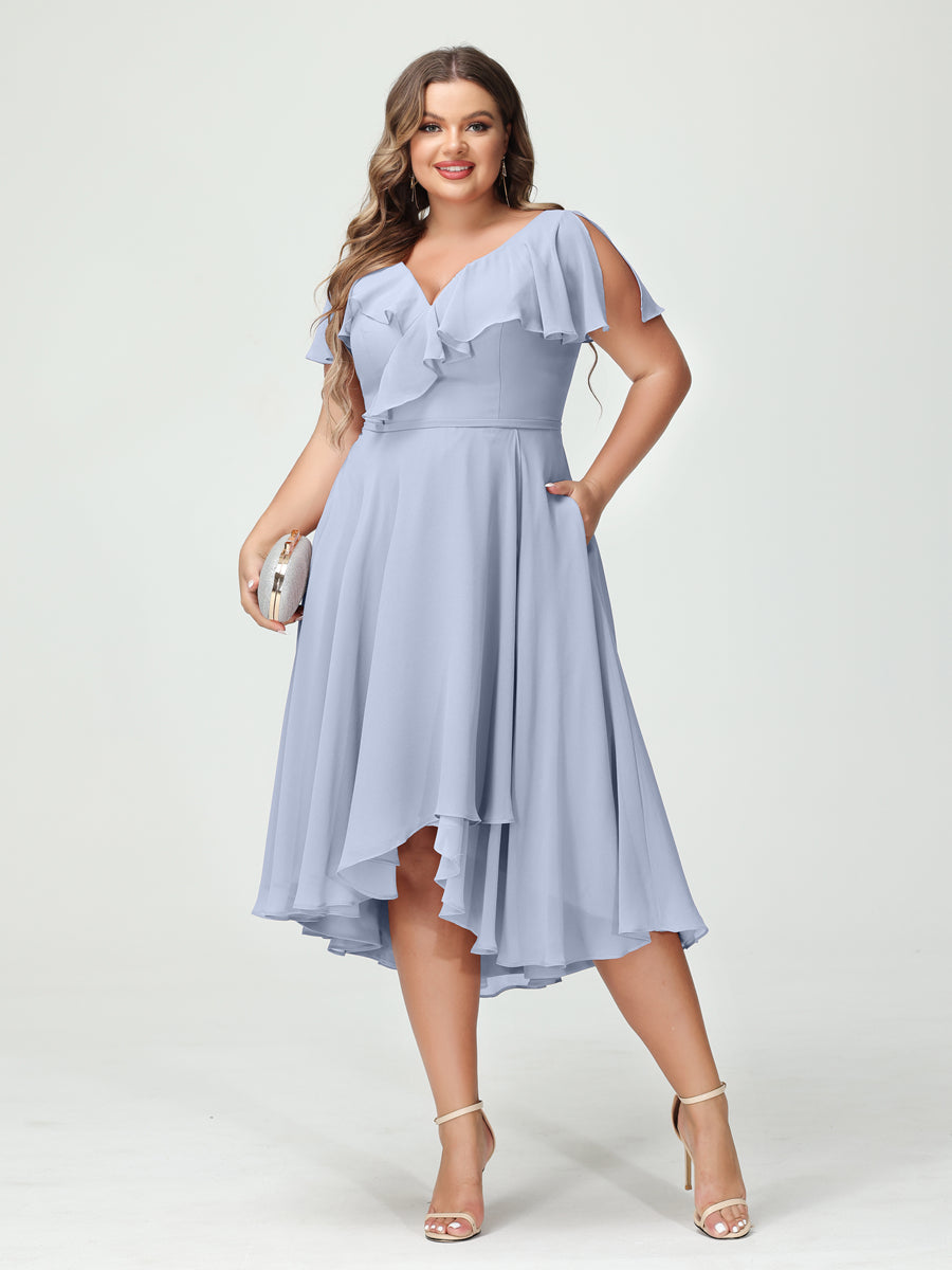 Plus Size Chiffon Bridesmaid Dress with V-Neck, Short Sleeves, and High-Low A-Line/Princess Silhouette featuring Pockets & Ruffles-BMbridal.UK