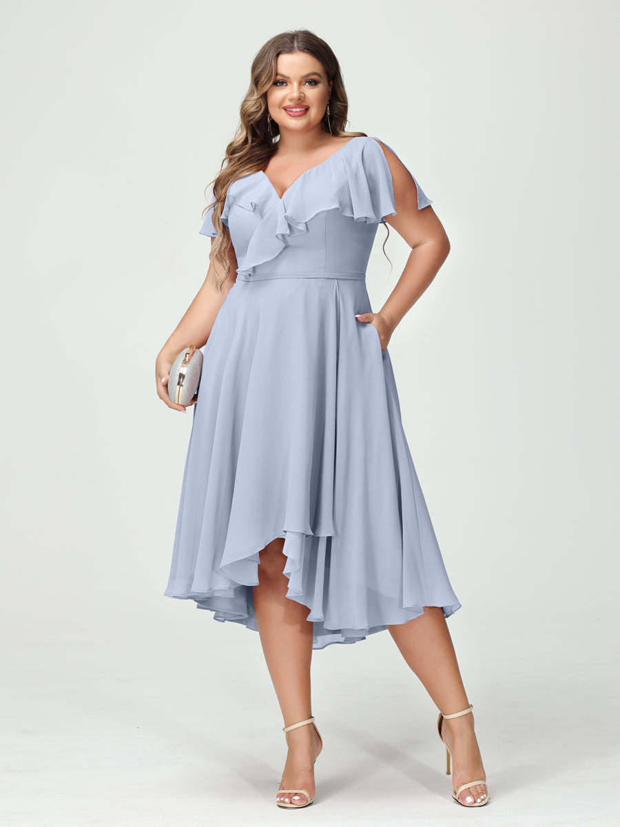 Plus Size Chiffon Bridesmaid Dress with V-Neck, Short Sleeves, and High-Low A-Line/Princess Silhouette featuring Pockets & Ruffles-BMbridal.UK