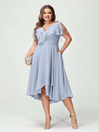 Plus Size Chiffon Bridesmaid Dress with V-Neck, Short Sleeves, and High-Low A-Line/Princess Silhouette featuring Pockets & Ruffles-BMbridal.UK