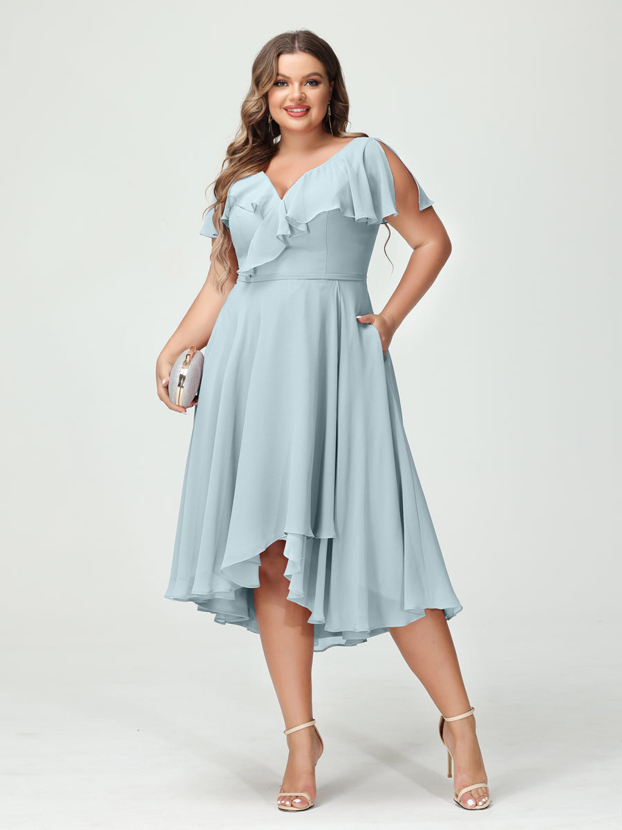Plus Size Chiffon Bridesmaid Dress with V-Neck, Short Sleeves, and High-Low A-Line/Princess Silhouette featuring Pockets & Ruffles-BMbridal.UK