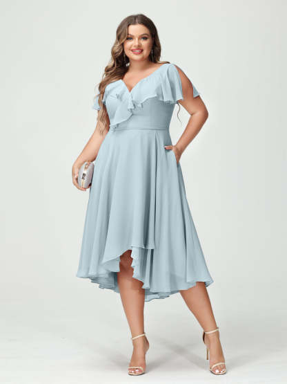 Plus Size Chiffon Bridesmaid Dress with V-Neck, Short Sleeves, and High-Low A-Line/Princess Silhouette featuring Pockets & Ruffles-BMbridal.UK