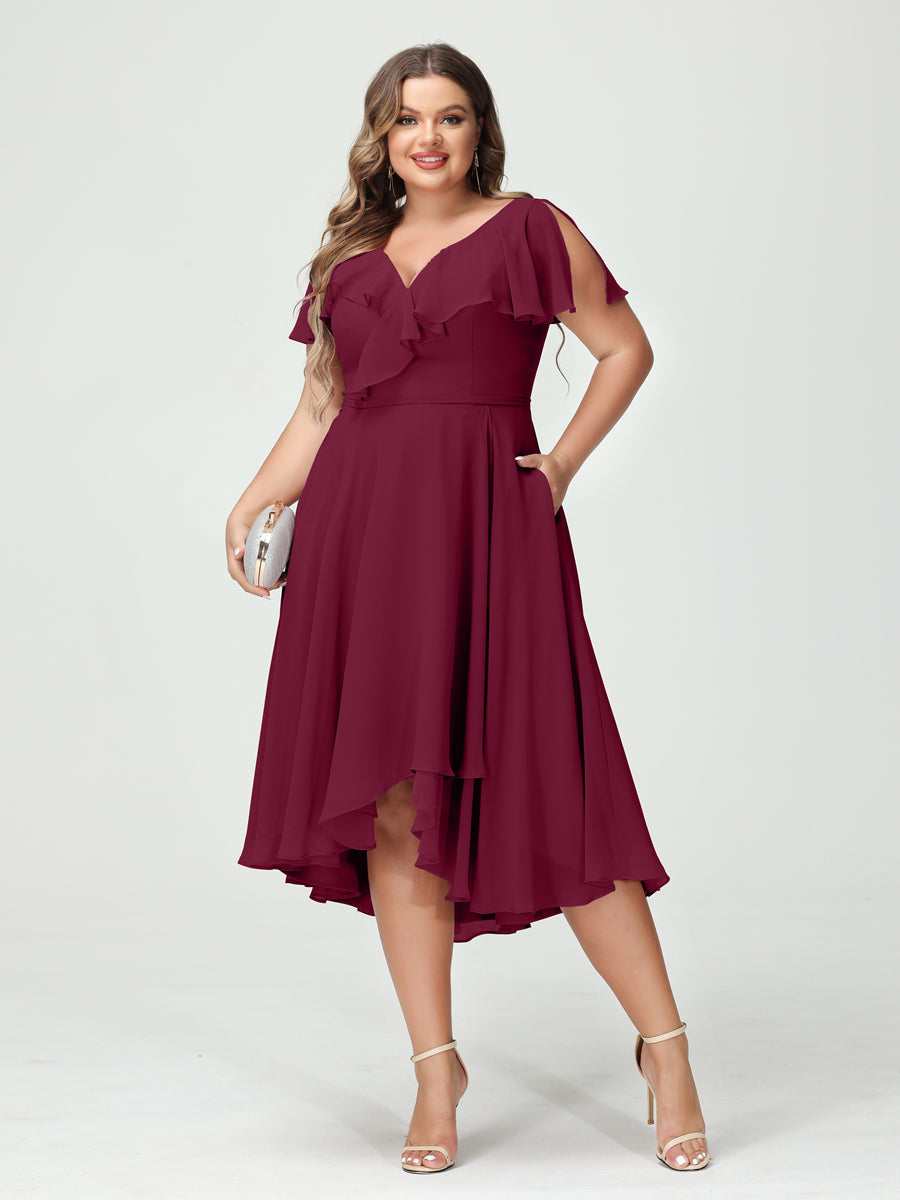 Plus Size Chiffon Bridesmaid Dress with V-Neck, Short Sleeves, and High-Low A-Line/Princess Silhouette featuring Pockets & Ruffles-BMbridal.UK