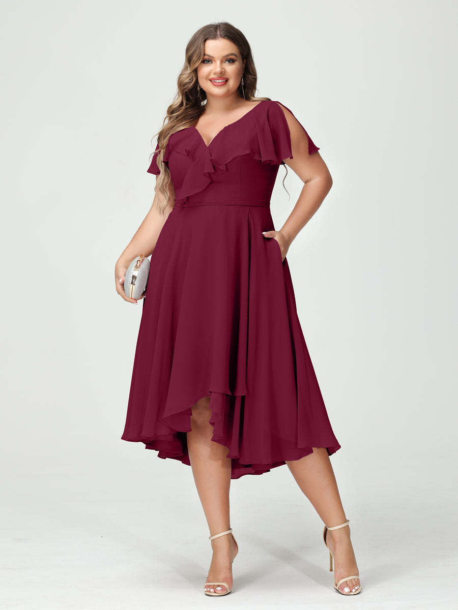 Plus Size Chiffon Bridesmaid Dress with V-Neck, Short Sleeves, and High-Low A-Line/Princess Silhouette featuring Pockets & Ruffles-BMbridal.UK