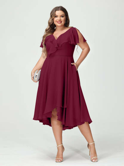 Plus Size Chiffon Bridesmaid Dress with V-Neck, Short Sleeves, and High-Low A-Line/Princess Silhouette featuring Pockets & Ruffles-BMbridal.UK