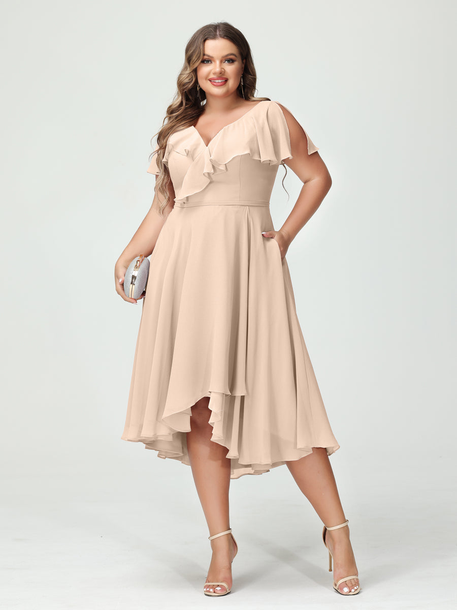 Plus Size Chiffon Bridesmaid Dress with V-Neck, Short Sleeves, and High-Low A-Line/Princess Silhouette featuring Pockets & Ruffles-BMbridal.UK