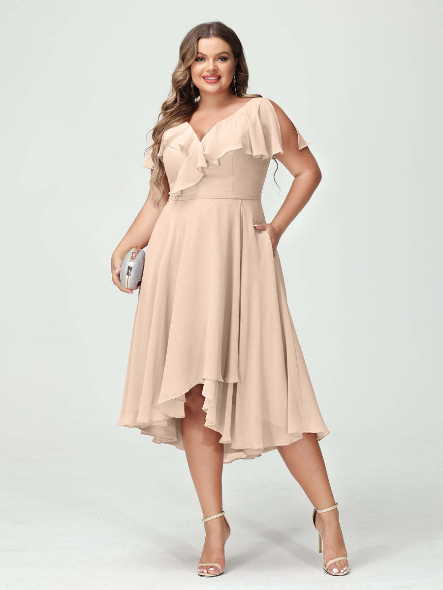 Plus Size Chiffon Bridesmaid Dress with V-Neck, Short Sleeves, and High-Low A-Line/Princess Silhouette featuring Pockets & Ruffles-BMbridal.UK