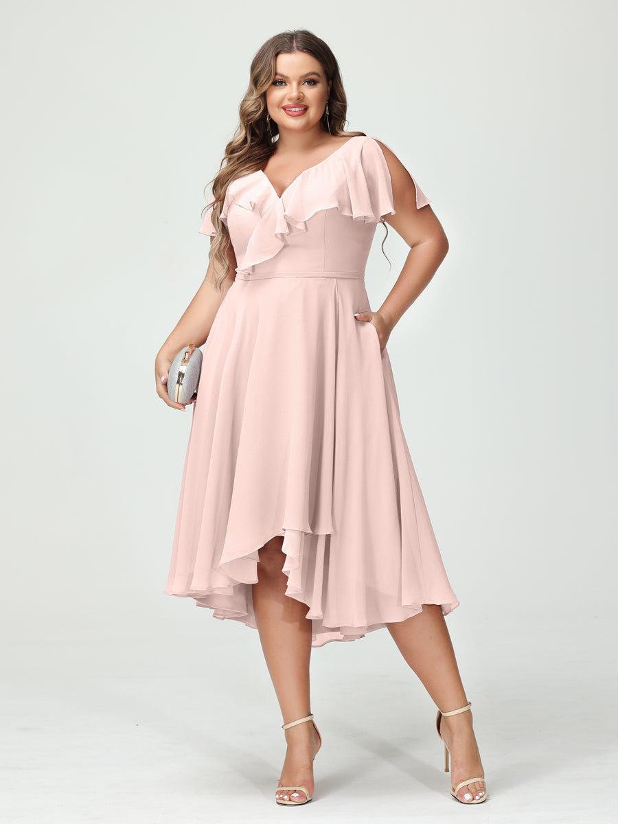 Plus Size Chiffon Bridesmaid Dress with V-Neck, Short Sleeves, and High-Low A-Line/Princess Silhouette featuring Pockets & Ruffles-BMbridal.UK