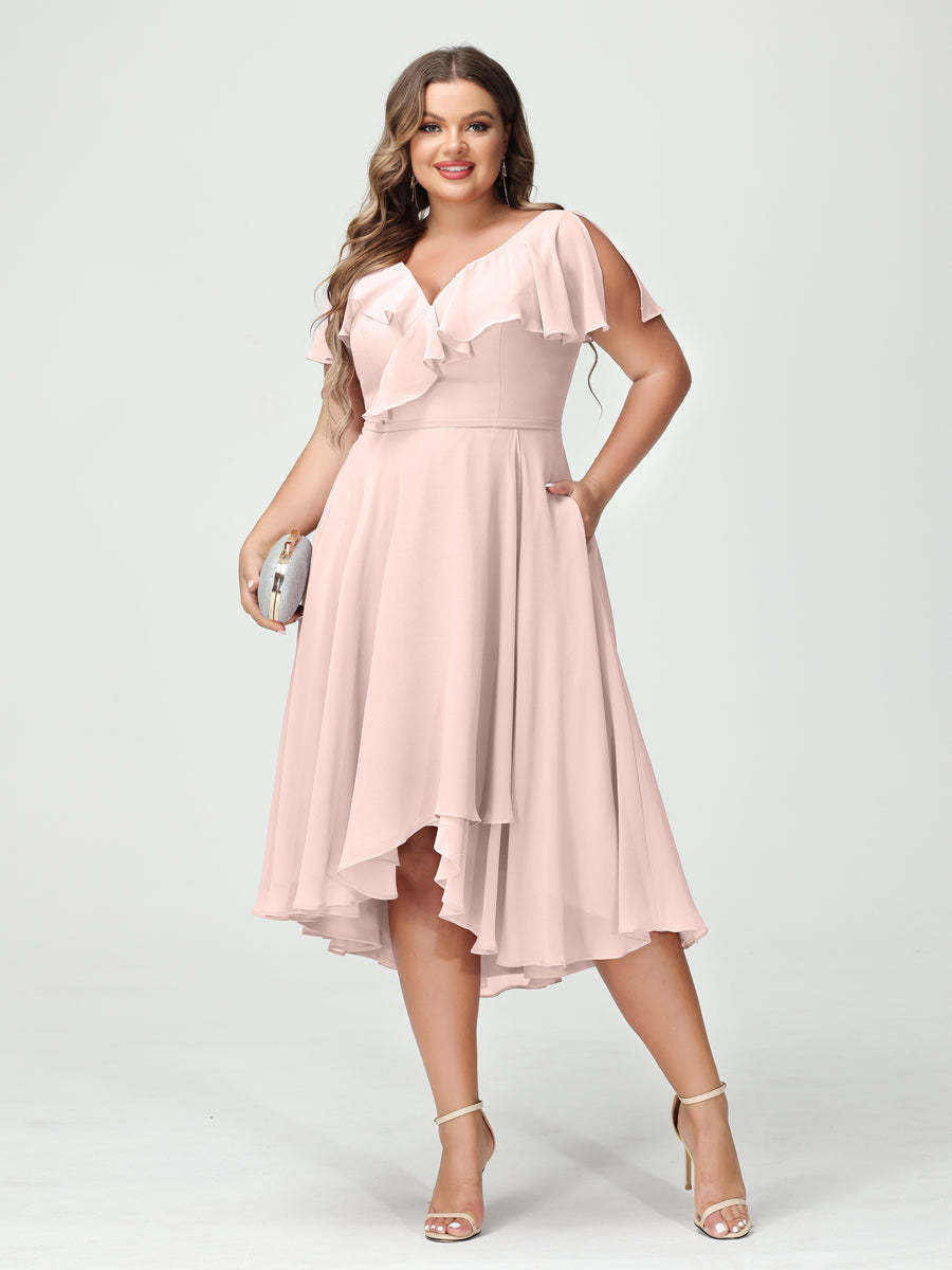 Plus Size Chiffon Bridesmaid Dress with V-Neck, Short Sleeves, and High-Low A-Line/Princess Silhouette featuring Pockets & Ruffles-BMbridal.UK