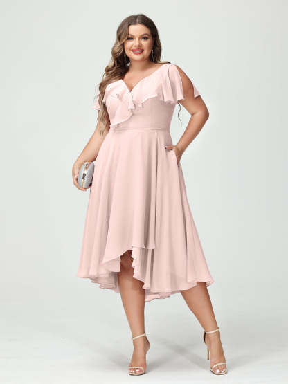 Plus Size Chiffon Bridesmaid Dress with V-Neck, Short Sleeves, and High-Low A-Line/Princess Silhouette featuring Pockets & Ruffles-BMbridal.UK