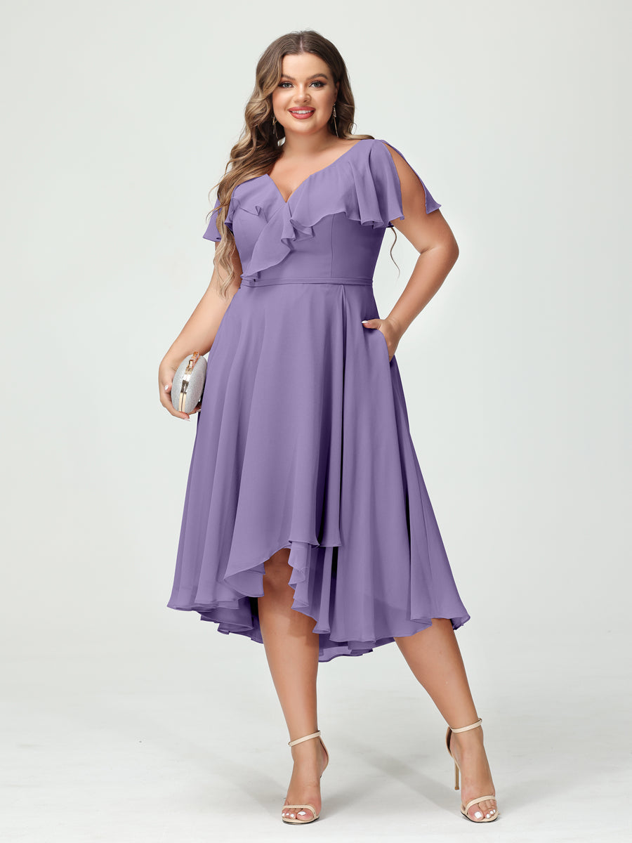 Plus Size Chiffon Bridesmaid Dress with V-Neck, Short Sleeves, and High-Low A-Line/Princess Silhouette featuring Pockets & Ruffles-BMbridal.UK