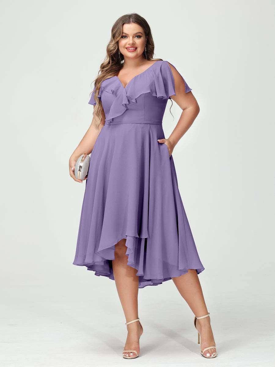 Plus Size Chiffon Bridesmaid Dress with V-Neck, Short Sleeves, and High-Low A-Line/Princess Silhouette featuring Pockets & Ruffles-BMbridal.UK