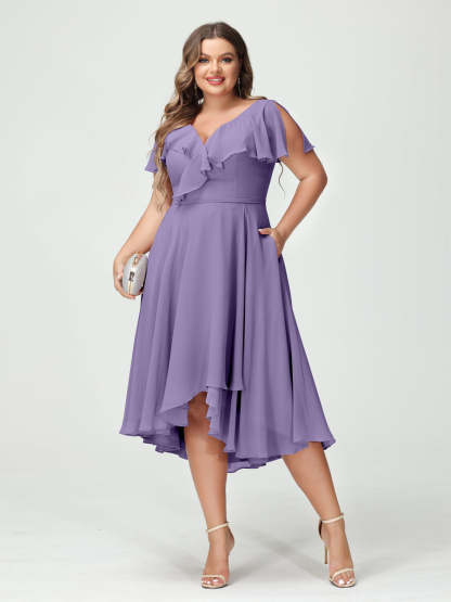 Plus Size Chiffon Bridesmaid Dress with V-Neck, Short Sleeves, and High-Low A-Line/Princess Silhouette featuring Pockets & Ruffles-BMbridal.UK