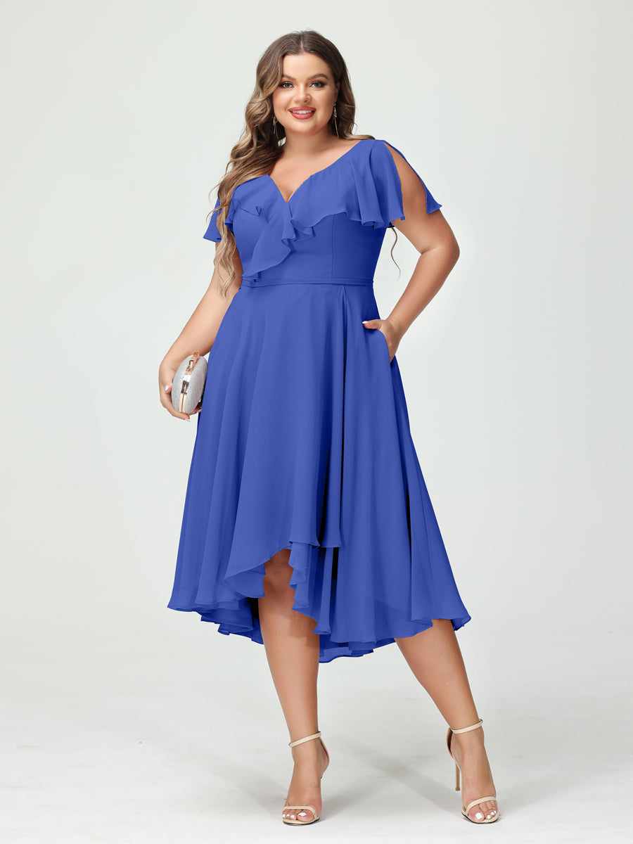 Plus Size Chiffon Bridesmaid Dress with V-Neck, Short Sleeves, and High-Low A-Line/Princess Silhouette featuring Pockets & Ruffles-BMbridal.UK
