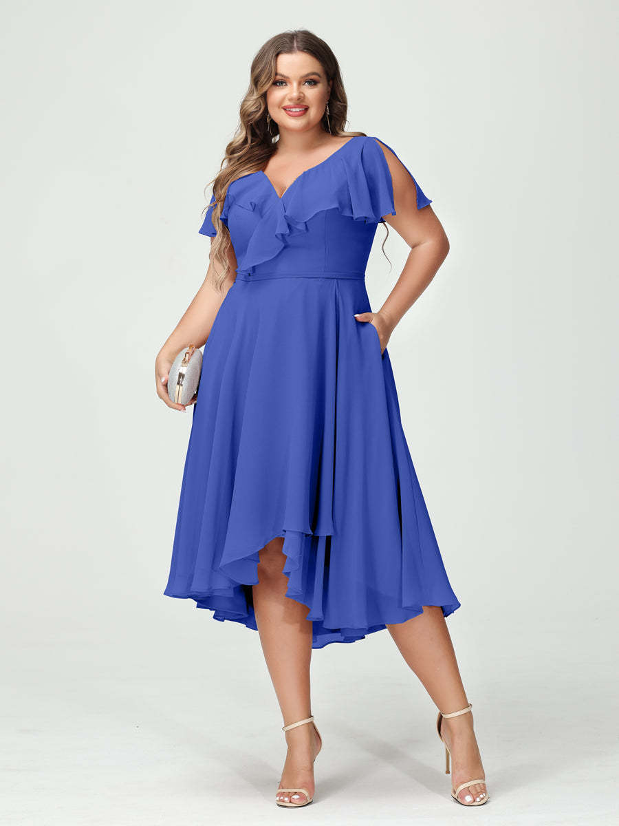 Plus Size Chiffon Bridesmaid Dress with V-Neck, Short Sleeves, and High-Low A-Line/Princess Silhouette featuring Pockets & Ruffles-BMbridal.UK