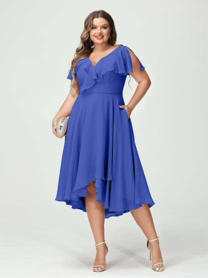Plus Size Chiffon Bridesmaid Dress with V-Neck, Short Sleeves, and High-Low A-Line/Princess Silhouette featuring Pockets & Ruffles-BMbridal.UK