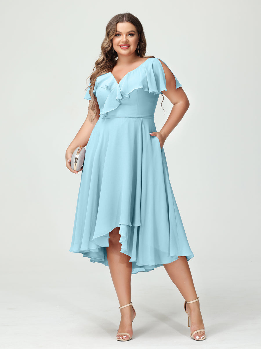 Plus Size Chiffon Bridesmaid Dress with V-Neck, Short Sleeves, and High-Low A-Line/Princess Silhouette featuring Pockets & Ruffles-BMbridal.UK