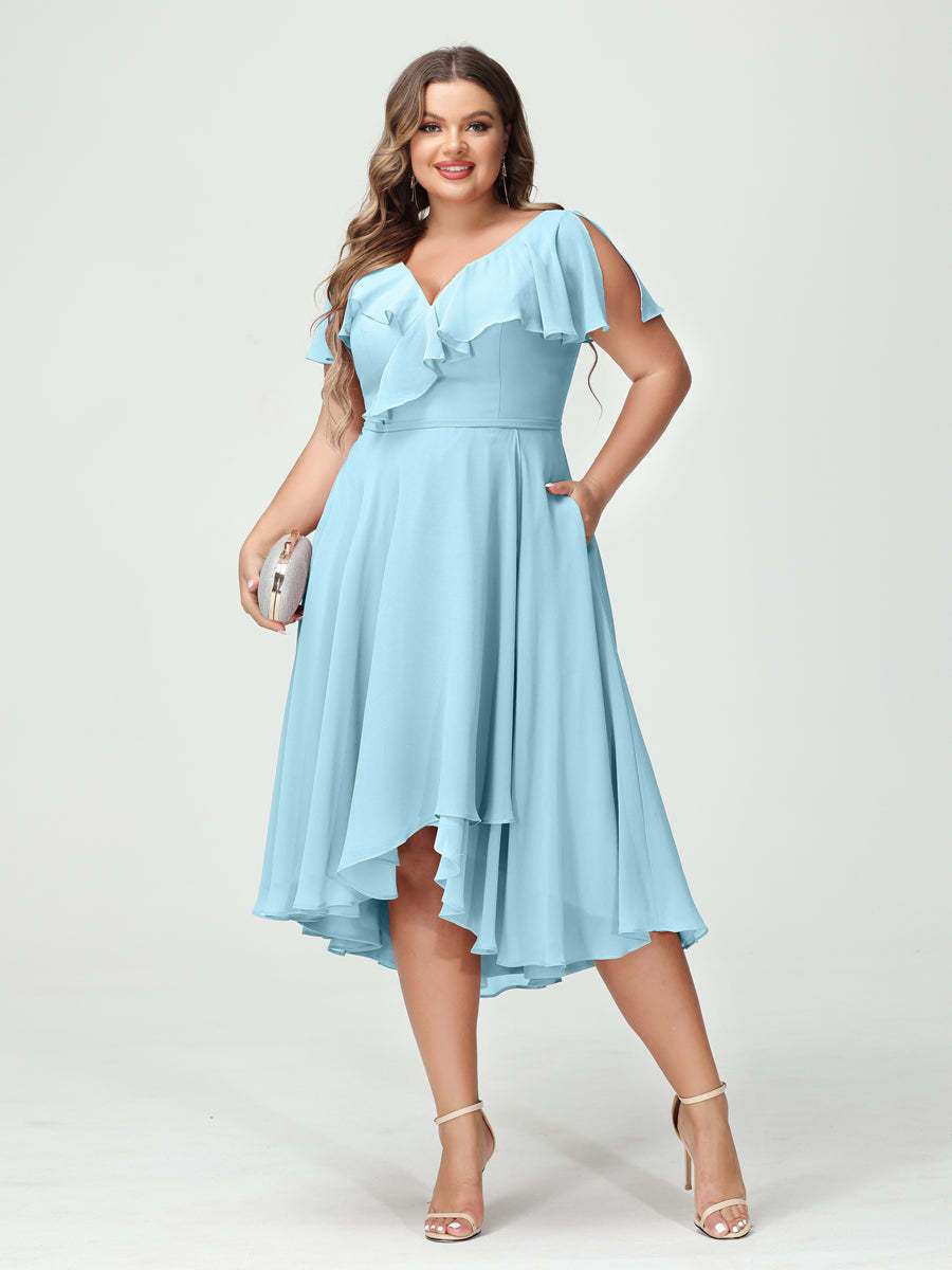 Plus Size Chiffon Bridesmaid Dress with V-Neck, Short Sleeves, and High-Low A-Line/Princess Silhouette featuring Pockets & Ruffles-BMbridal.UK