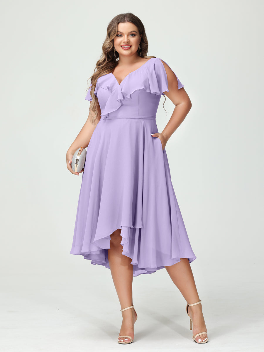 Plus Size Chiffon Bridesmaid Dress with V-Neck, Short Sleeves, and High-Low A-Line/Princess Silhouette featuring Pockets & Ruffles-BMbridal.UK