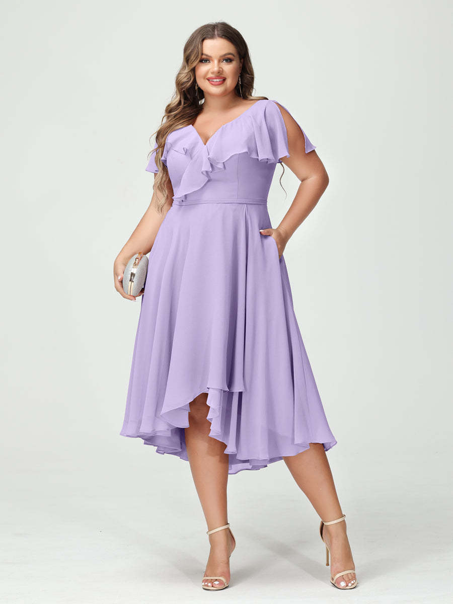 Plus Size Chiffon Bridesmaid Dress with V-Neck, Short Sleeves, and High-Low A-Line/Princess Silhouette featuring Pockets & Ruffles-BMbridal.UK