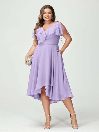 Plus Size Chiffon Bridesmaid Dress with V-Neck, Short Sleeves, and High-Low A-Line/Princess Silhouette featuring Pockets & Ruffles-BMbridal.UK