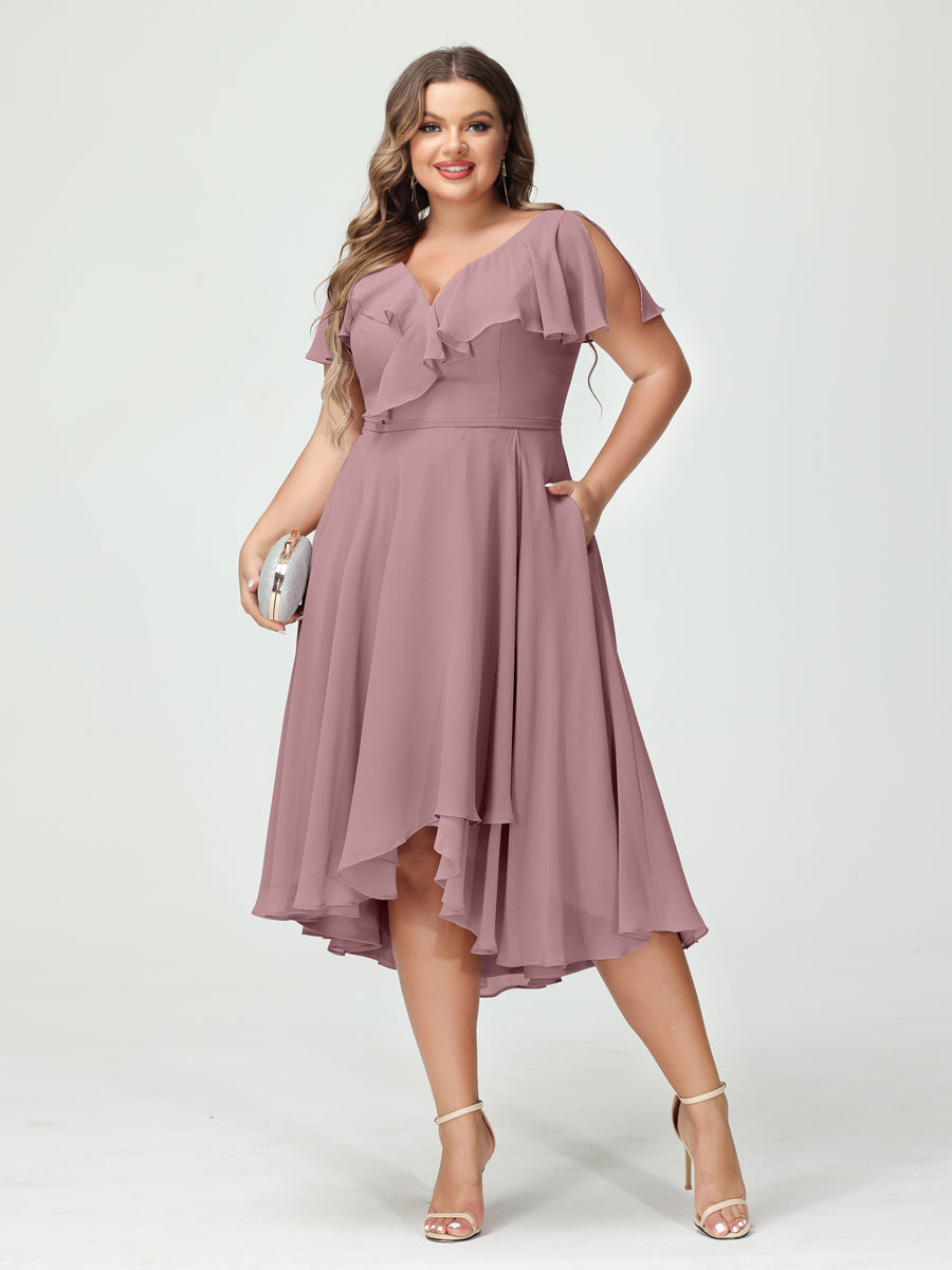 Plus Size Chiffon Bridesmaid Dress with V-Neck, Short Sleeves, and High-Low A-Line/Princess Silhouette featuring Pockets & Ruffles-BMbridal.UK