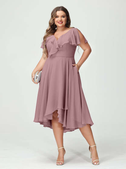 Plus Size Chiffon Bridesmaid Dress with V-Neck, Short Sleeves, and High-Low A-Line/Princess Silhouette featuring Pockets & Ruffles-BMbridal.UK