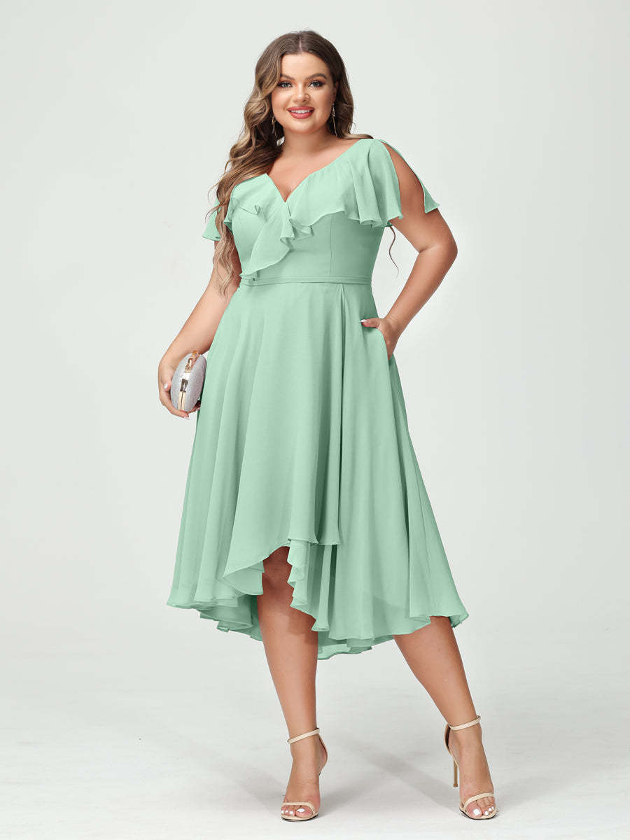 Plus Size Chiffon Bridesmaid Dress with V-Neck, Short Sleeves, and High-Low A-Line/Princess Silhouette featuring Pockets & Ruffles-BMbridal.UK