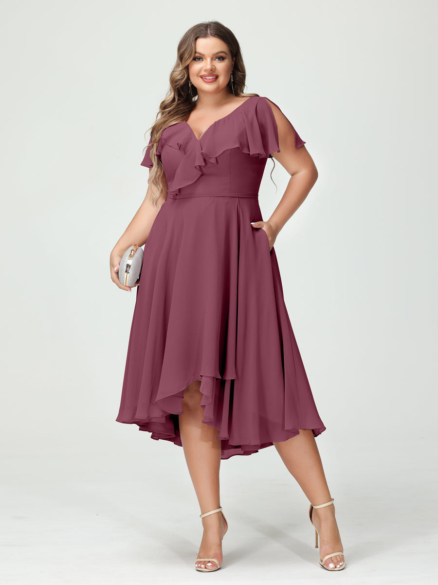 Plus Size Chiffon Bridesmaid Dress with V-Neck, Short Sleeves, and High-Low A-Line/Princess Silhouette featuring Pockets & Ruffles-BMbridal.UK
