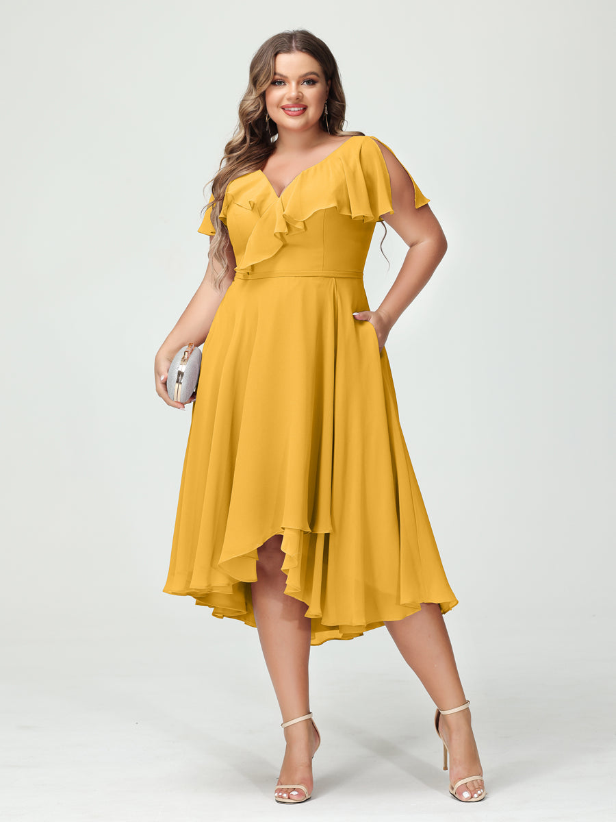 Plus Size Chiffon Bridesmaid Dress with V-Neck, Short Sleeves, and High-Low A-Line/Princess Silhouette featuring Pockets & Ruffles-BMbridal.UK