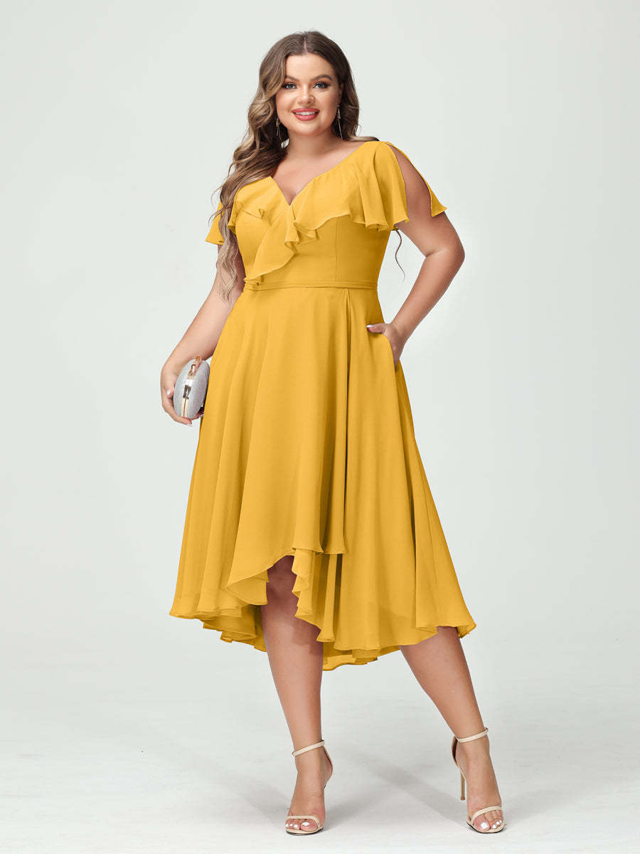 Plus Size Chiffon Bridesmaid Dress with V-Neck, Short Sleeves, and High-Low A-Line/Princess Silhouette featuring Pockets & Ruffles-BMbridal.UK