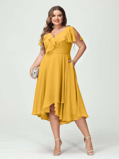 Plus Size Chiffon Bridesmaid Dress with V-Neck, Short Sleeves, and High-Low A-Line/Princess Silhouette featuring Pockets & Ruffles-BMbridal.UK