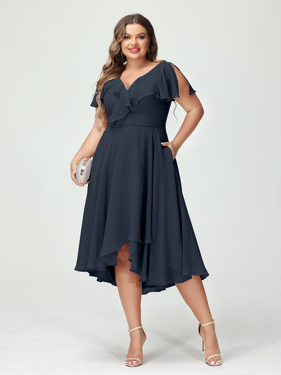 Plus Size Chiffon Bridesmaid Dress with V-Neck, Short Sleeves, and High-Low A-Line/Princess Silhouette featuring Pockets & Ruffles-BMbridal.UK