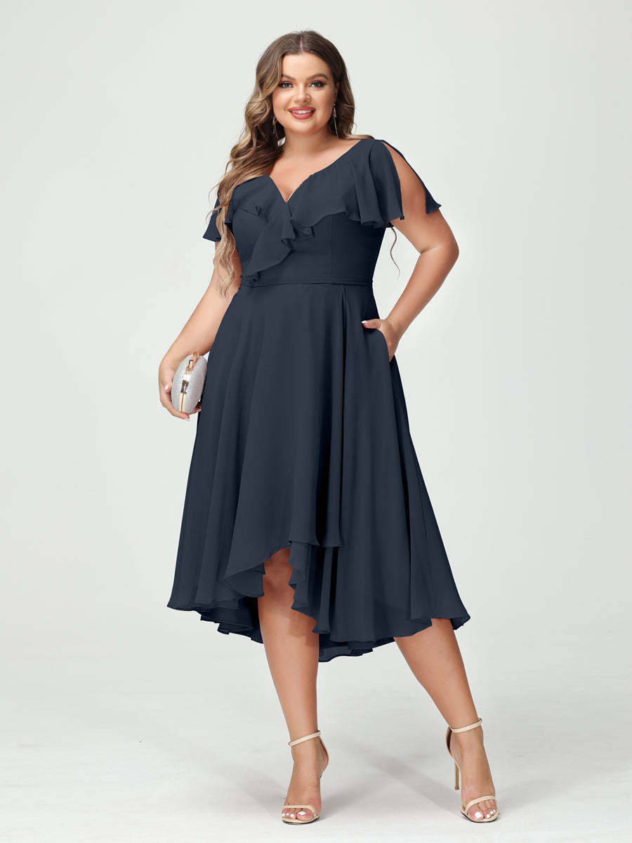 Plus Size Chiffon Bridesmaid Dress with V-Neck, Short Sleeves, and High-Low A-Line/Princess Silhouette featuring Pockets & Ruffles-BMbridal.UK
