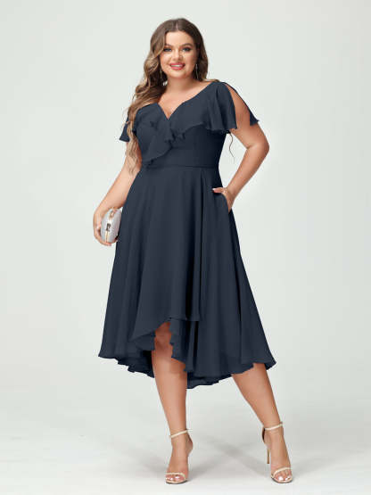 Plus Size Chiffon Bridesmaid Dress with V-Neck, Short Sleeves, and High-Low A-Line/Princess Silhouette featuring Pockets & Ruffles-BMbridal.UK