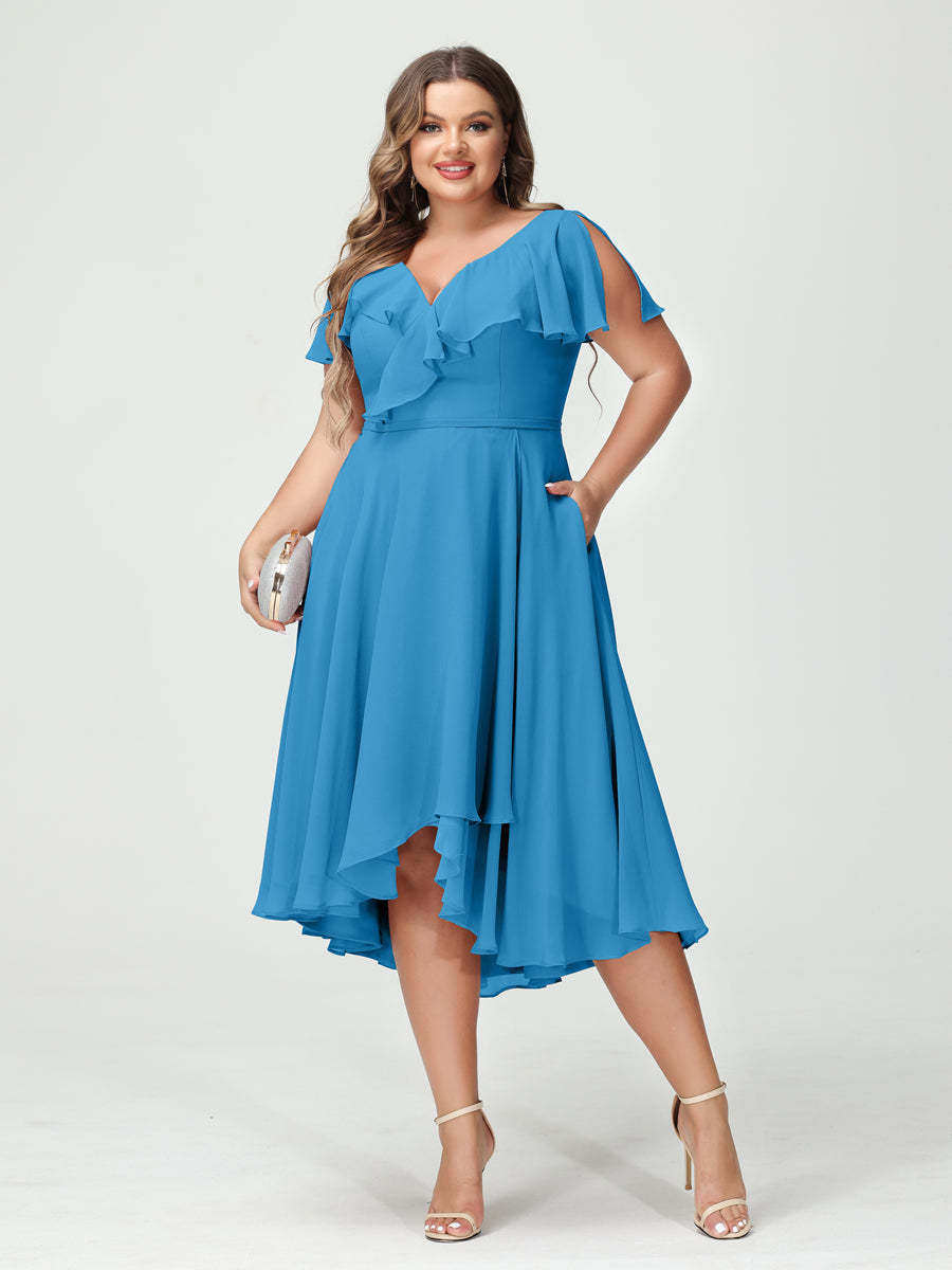 Plus Size Chiffon Bridesmaid Dress with V-Neck, Short Sleeves, and High-Low A-Line/Princess Silhouette featuring Pockets & Ruffles-BMbridal.UK