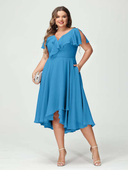 Plus Size Chiffon Bridesmaid Dress with V-Neck, Short Sleeves, and High-Low A-Line/Princess Silhouette featuring Pockets & Ruffles-BMbridal.UK
