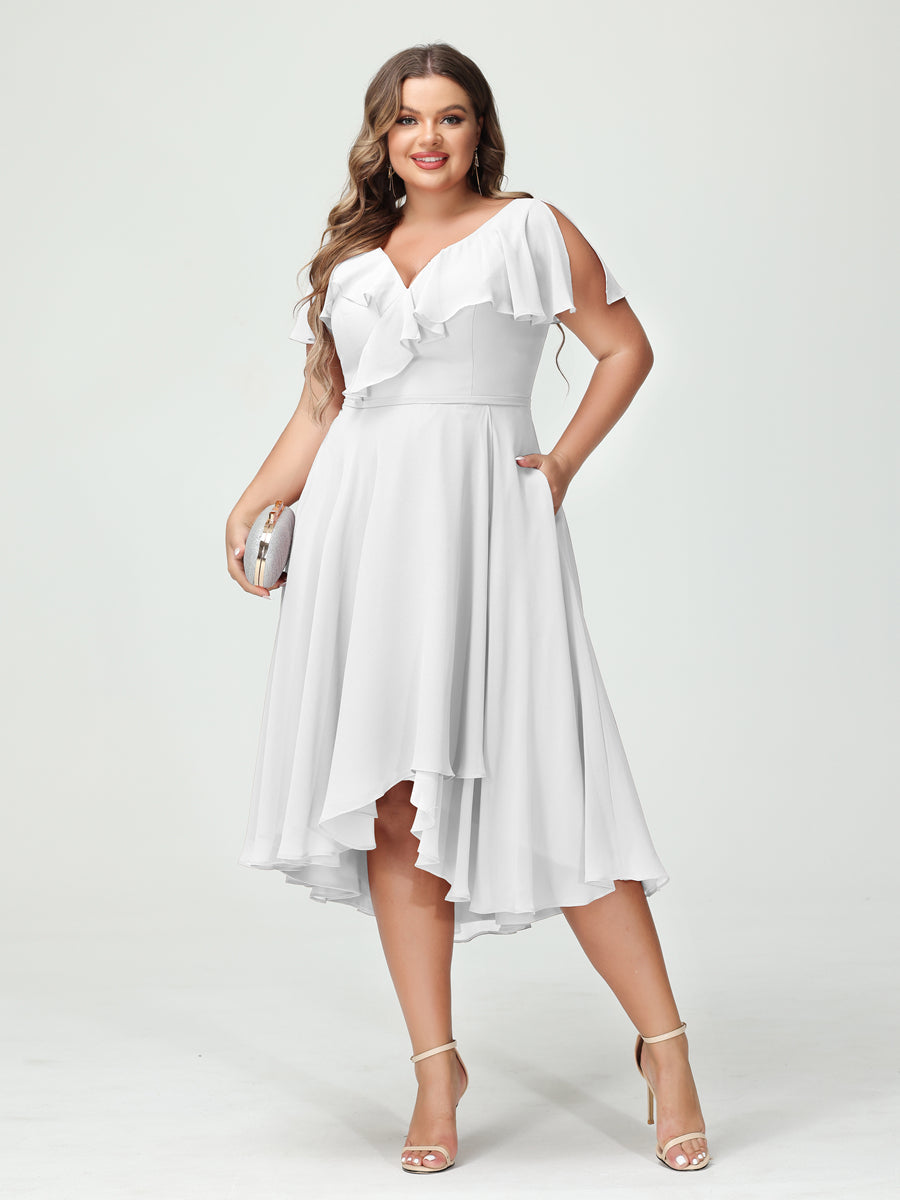 Plus Size Chiffon Bridesmaid Dress with V-Neck, Short Sleeves, and High-Low A-Line/Princess Silhouette featuring Pockets & Ruffles-BMbridal.UK