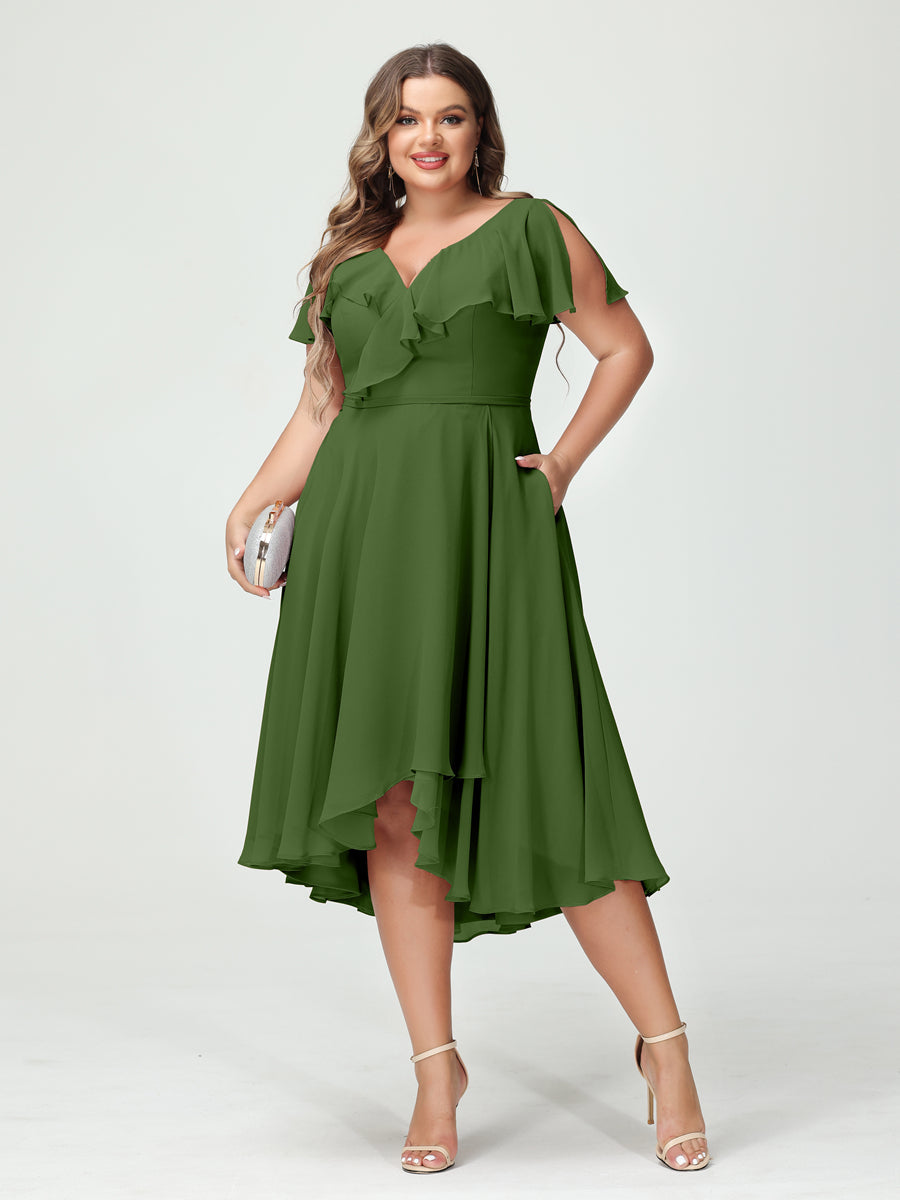 Plus Size Chiffon Bridesmaid Dress with V-Neck, Short Sleeves, and High-Low A-Line/Princess Silhouette featuring Pockets & Ruffles-BMbridal.UK