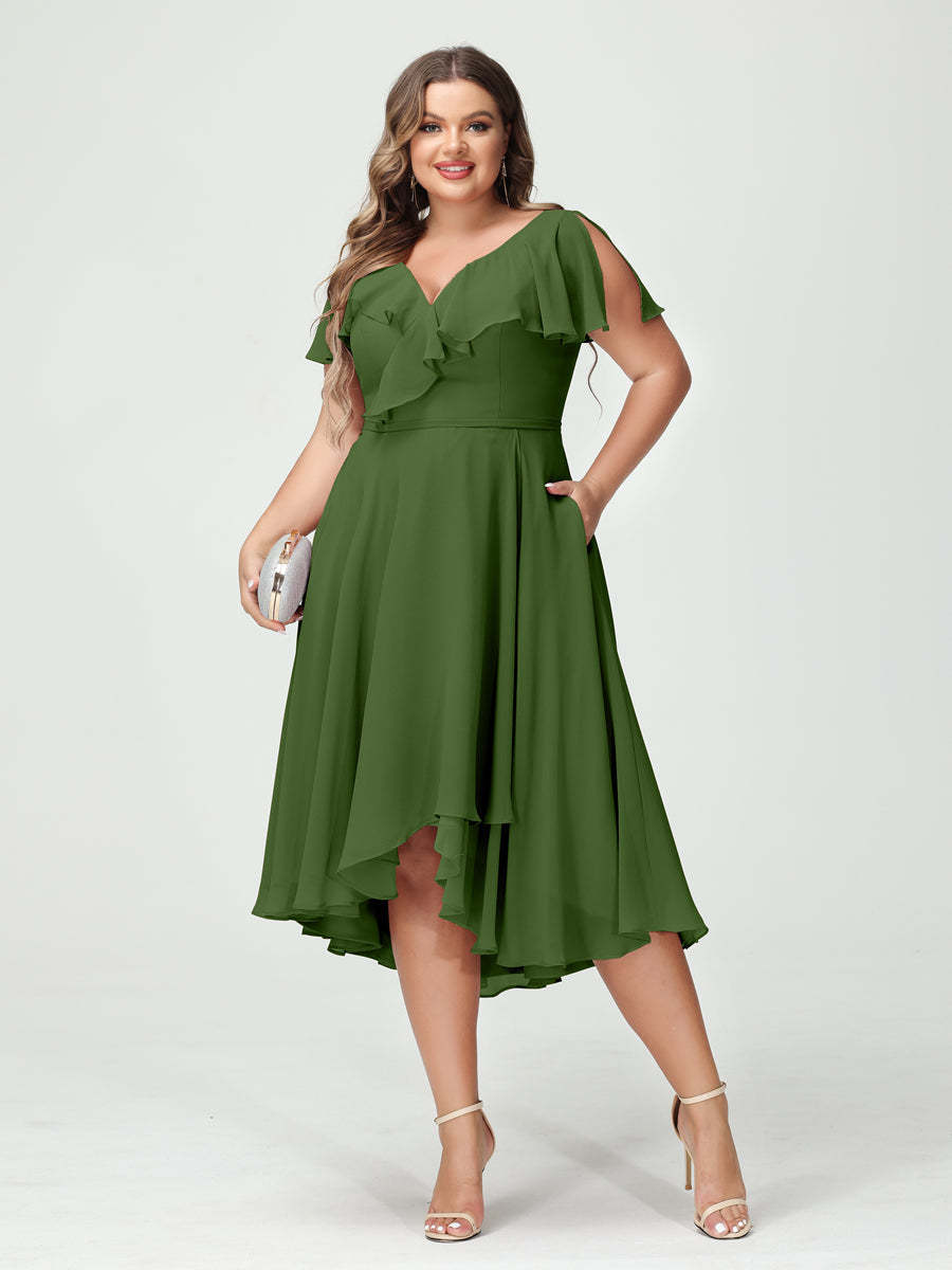 Plus Size Chiffon Bridesmaid Dress with V-Neck, Short Sleeves, and High-Low A-Line/Princess Silhouette featuring Pockets & Ruffles-BMbridal.UK