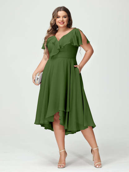 Plus Size Chiffon Bridesmaid Dress with V-Neck, Short Sleeves, and High-Low A-Line/Princess Silhouette featuring Pockets & Ruffles-BMbridal.UK