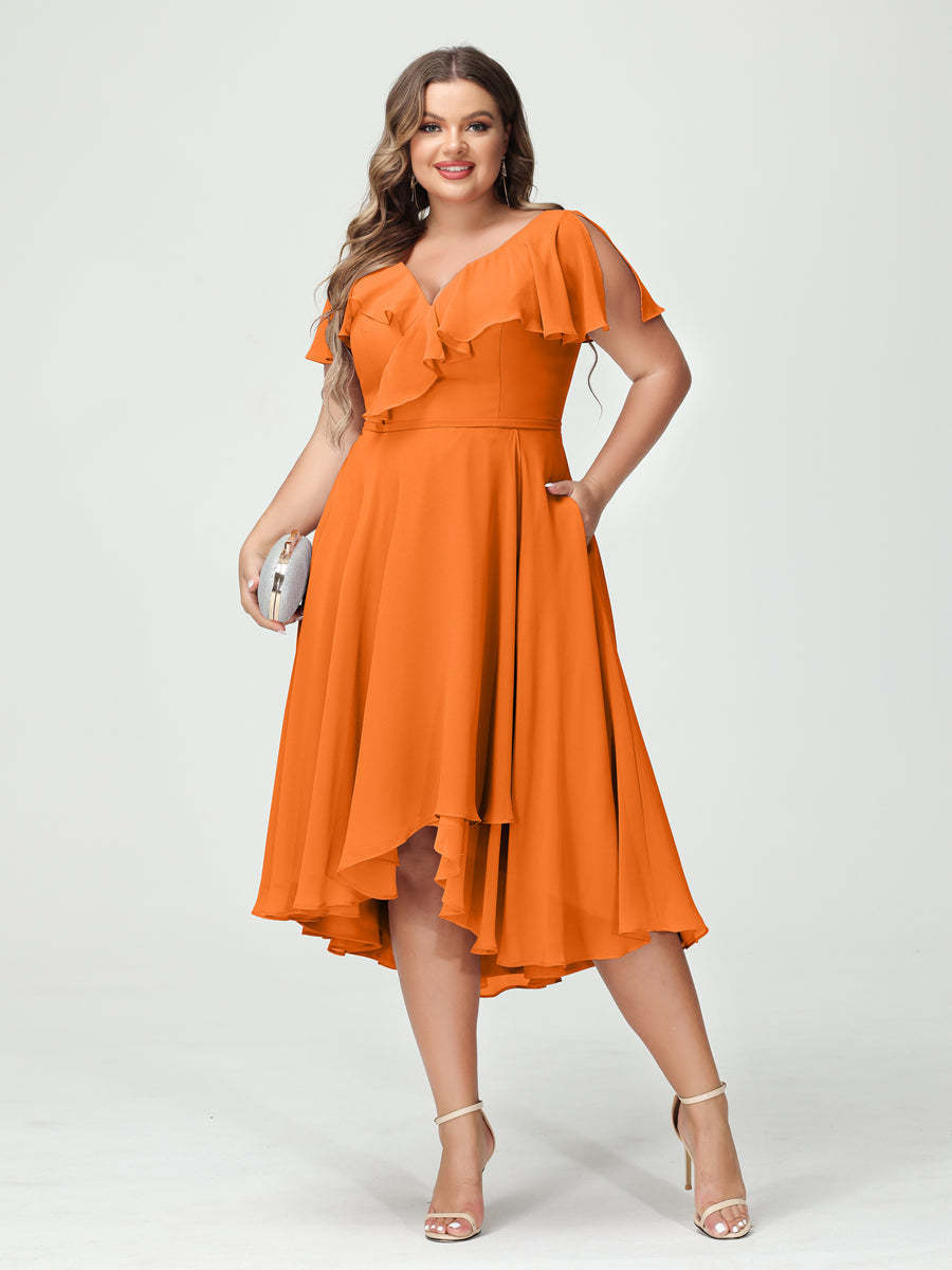 Plus Size Chiffon Bridesmaid Dress with V-Neck, Short Sleeves, and High-Low A-Line/Princess Silhouette featuring Pockets & Ruffles-BMbridal.UK