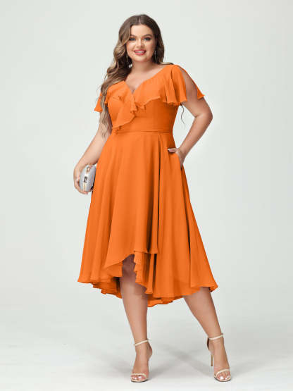 Plus Size Chiffon Bridesmaid Dress with V-Neck, Short Sleeves, and High-Low A-Line/Princess Silhouette featuring Pockets & Ruffles-BMbridal.UK