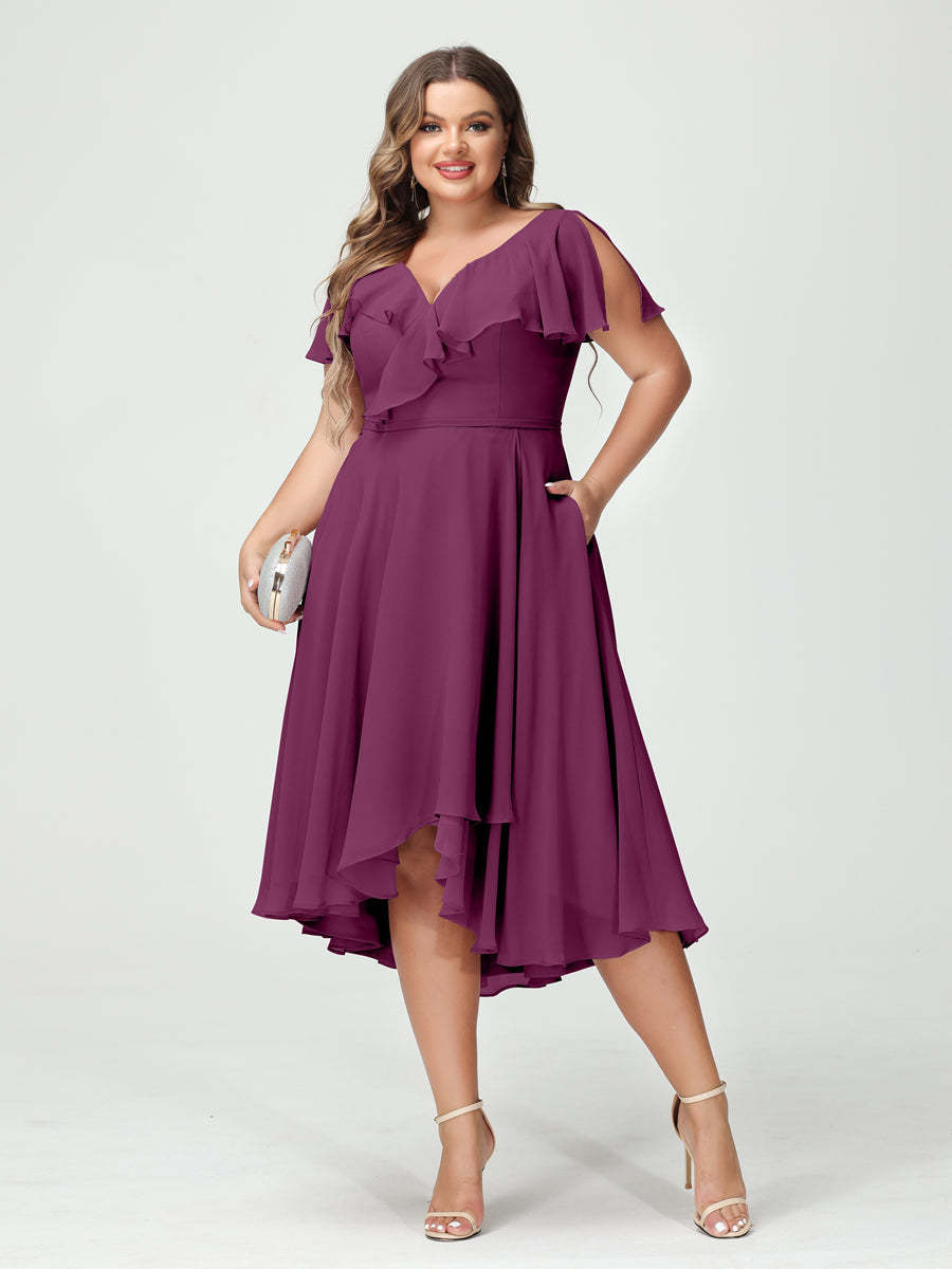 Plus Size Chiffon Bridesmaid Dress with V-Neck, Short Sleeves, and High-Low A-Line/Princess Silhouette featuring Pockets & Ruffles-BMbridal.UK