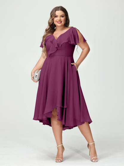 Plus Size Chiffon Bridesmaid Dress with V-Neck, Short Sleeves, and High-Low A-Line/Princess Silhouette featuring Pockets & Ruffles-BMbridal.UK