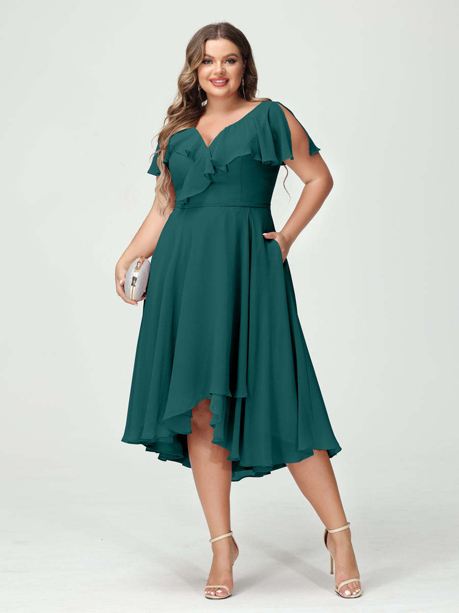 Plus Size Chiffon Bridesmaid Dress with V-Neck, Short Sleeves, and High-Low A-Line/Princess Silhouette featuring Pockets & Ruffles-BMbridal.UK