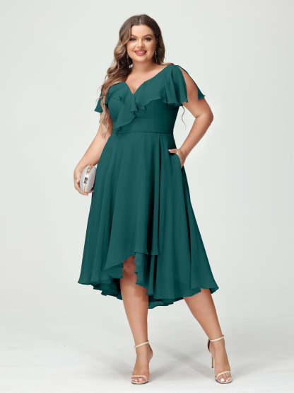 Plus Size Chiffon Bridesmaid Dress with V-Neck, Short Sleeves, and High-Low A-Line/Princess Silhouette featuring Pockets & Ruffles-BMbridal.UK