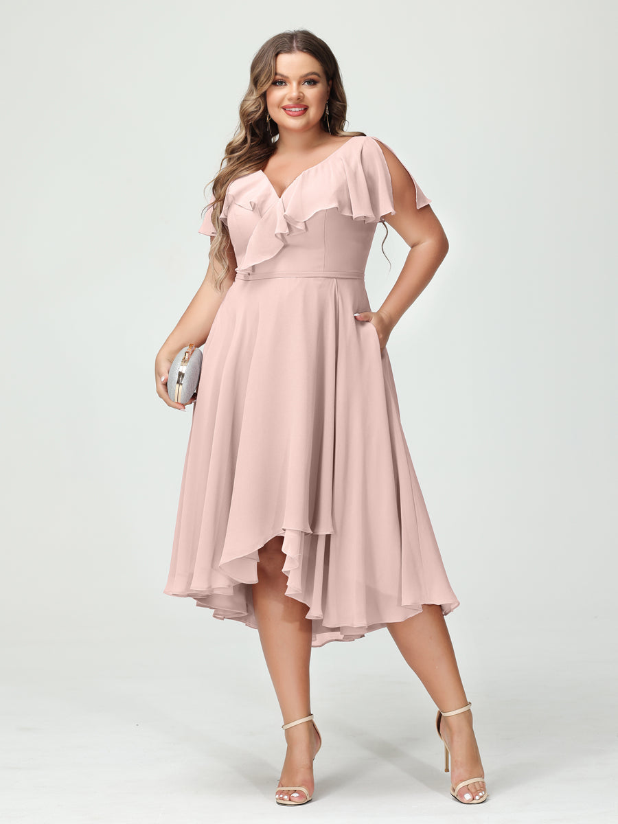 Plus Size Chiffon Bridesmaid Dress with V-Neck, Short Sleeves, and High-Low A-Line/Princess Silhouette featuring Pockets & Ruffles-BMbridal.UK