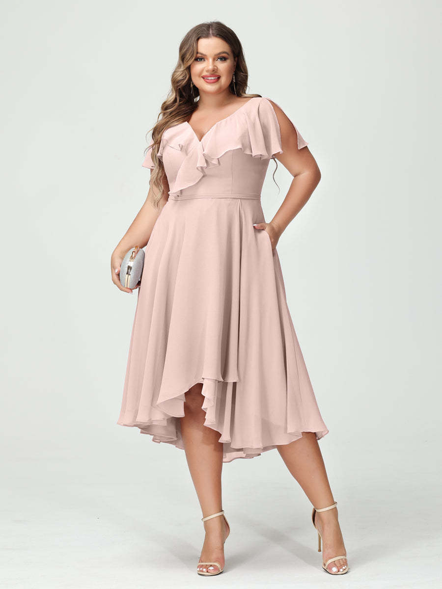 Plus Size Chiffon Bridesmaid Dress with V-Neck, Short Sleeves, and High-Low A-Line/Princess Silhouette featuring Pockets & Ruffles-BMbridal.UK